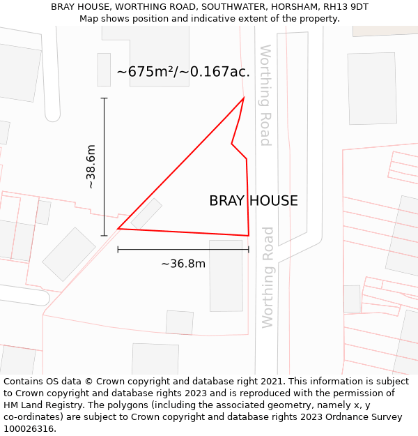 BRAY HOUSE, WORTHING ROAD, SOUTHWATER, HORSHAM, RH13 9DT: Plot and title map