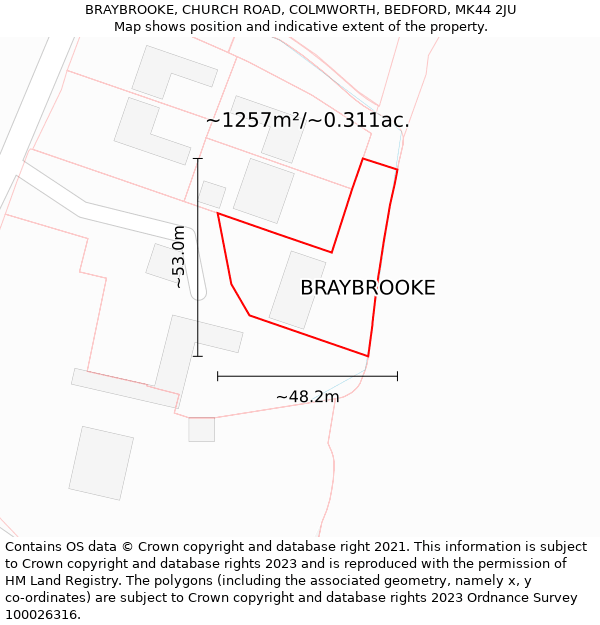 BRAYBROOKE, CHURCH ROAD, COLMWORTH, BEDFORD, MK44 2JU: Plot and title map