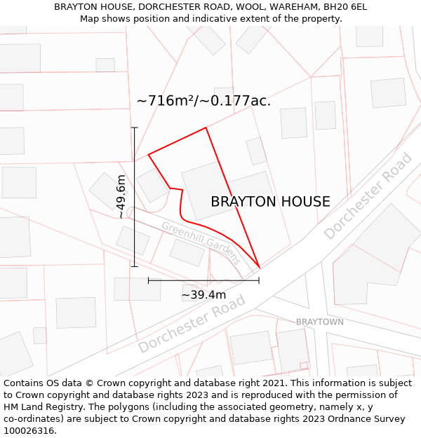 BRAYTON HOUSE, DORCHESTER ROAD, WOOL, WAREHAM, BH20 6EL: Plot and title map