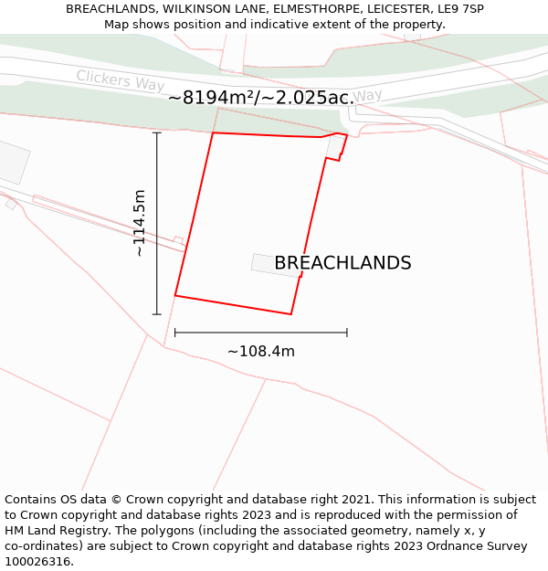 BREACHLANDS, WILKINSON LANE, ELMESTHORPE, LEICESTER, LE9 7SP: Plot and title map