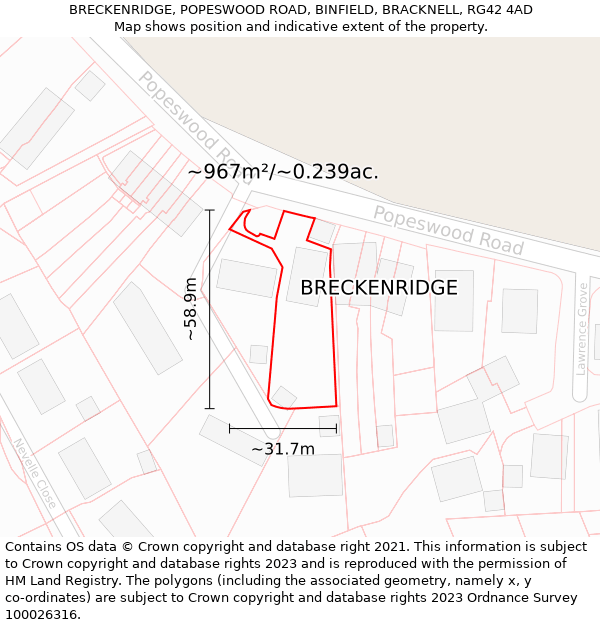 BRECKENRIDGE, POPESWOOD ROAD, BINFIELD, BRACKNELL, RG42 4AD: Plot and title map