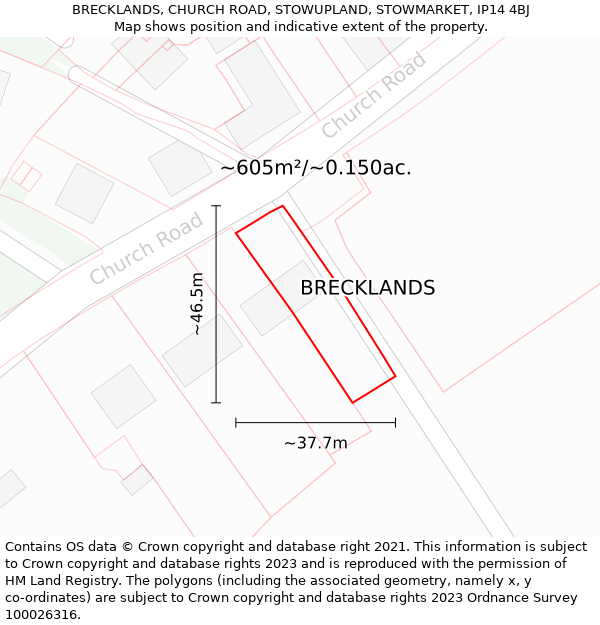 BRECKLANDS, CHURCH ROAD, STOWUPLAND, STOWMARKET, IP14 4BJ: Plot and title map