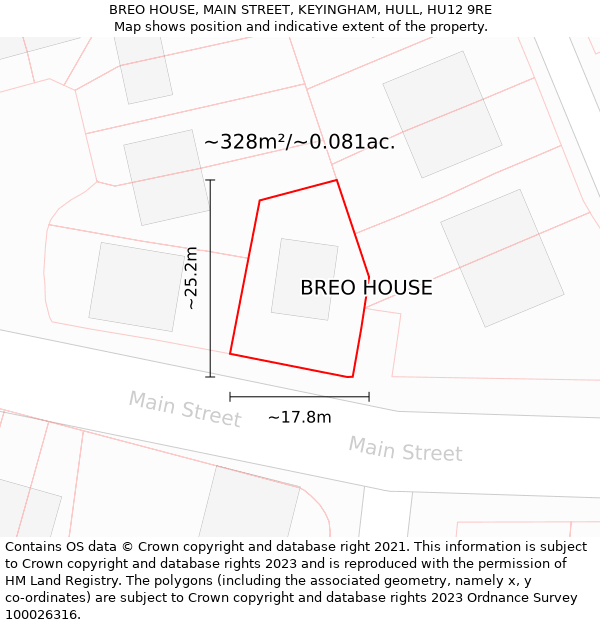 BREO HOUSE, MAIN STREET, KEYINGHAM, HULL, HU12 9RE: Plot and title map