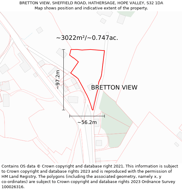 BRETTON VIEW, SHEFFIELD ROAD, HATHERSAGE, HOPE VALLEY, S32 1DA: Plot and title map
