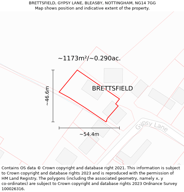 BRETTSFIELD, GYPSY LANE, BLEASBY, NOTTINGHAM, NG14 7GG: Plot and title map