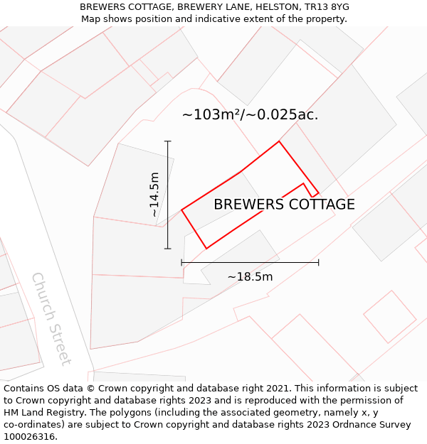 BREWERS COTTAGE, BREWERY LANE, HELSTON, TR13 8YG: Plot and title map