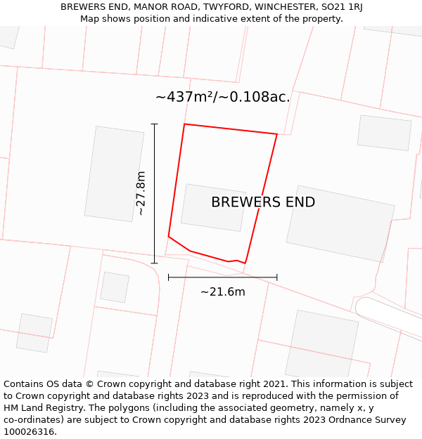 BREWERS END, MANOR ROAD, TWYFORD, WINCHESTER, SO21 1RJ: Plot and title map