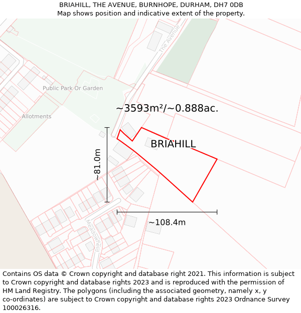 BRIAHILL, THE AVENUE, BURNHOPE, DURHAM, DH7 0DB: Plot and title map