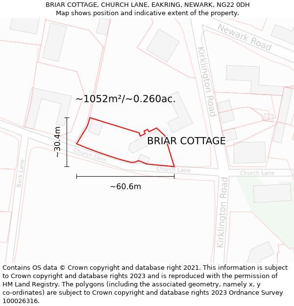 BRIAR COTTAGE, CHURCH LANE, EAKRING, NEWARK, NG22 0DH: Plot and title map