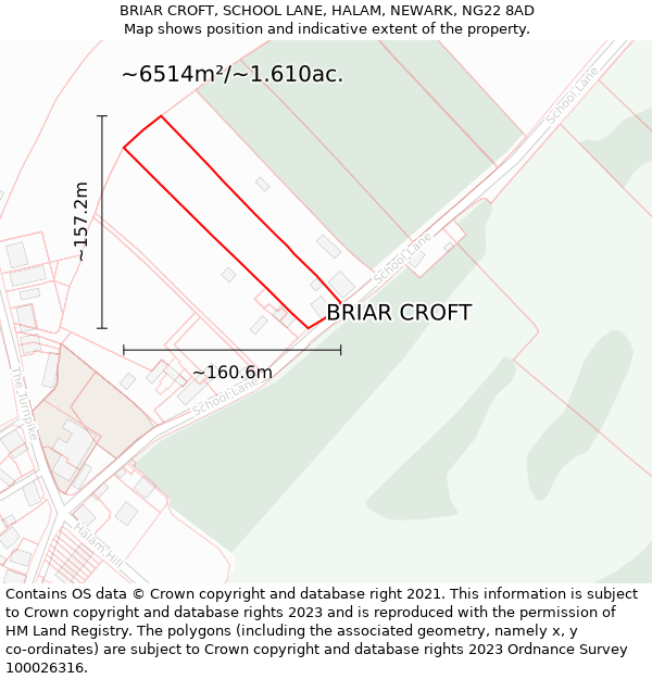 BRIAR CROFT, SCHOOL LANE, HALAM, NEWARK, NG22 8AD: Plot and title map