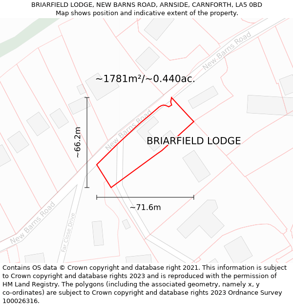 BRIARFIELD LODGE, NEW BARNS ROAD, ARNSIDE, CARNFORTH, LA5 0BD: Plot and title map