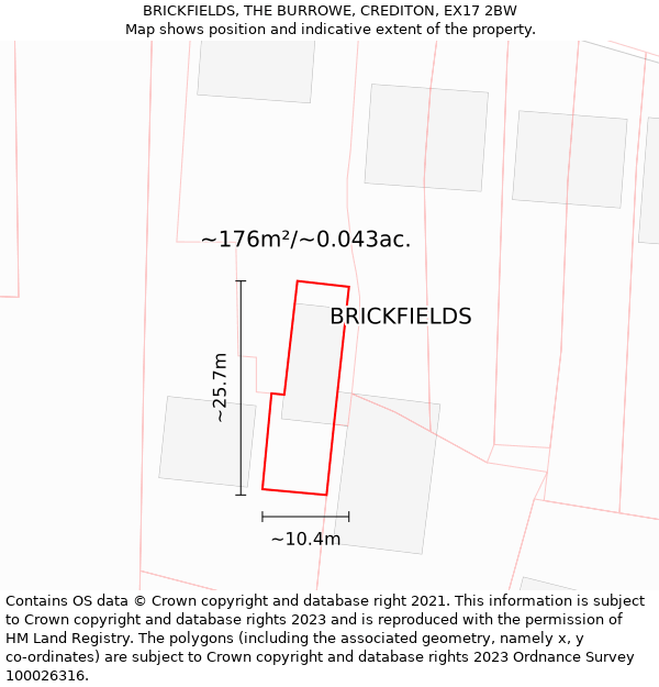 BRICKFIELDS, THE BURROWE, CREDITON, EX17 2BW: Plot and title map