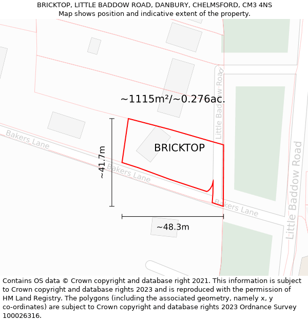 BRICKTOP, LITTLE BADDOW ROAD, DANBURY, CHELMSFORD, CM3 4NS: Plot and title map