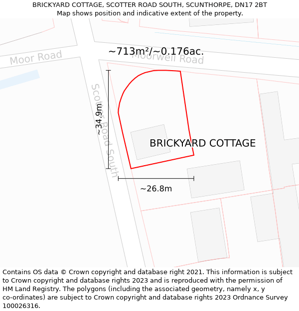 BRICKYARD COTTAGE, SCOTTER ROAD SOUTH, SCUNTHORPE, DN17 2BT: Plot and title map