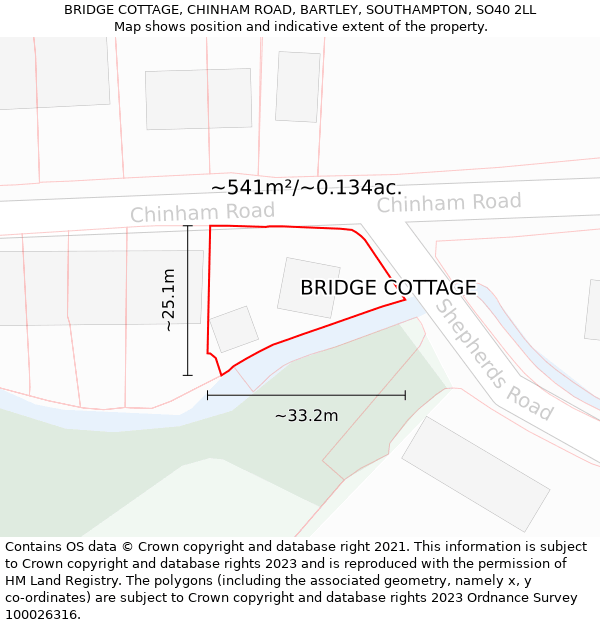 BRIDGE COTTAGE, CHINHAM ROAD, BARTLEY, SOUTHAMPTON, SO40 2LL: Plot and title map