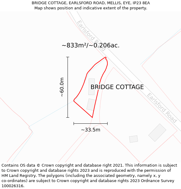 BRIDGE COTTAGE, EARLSFORD ROAD, MELLIS, EYE, IP23 8EA: Plot and title map