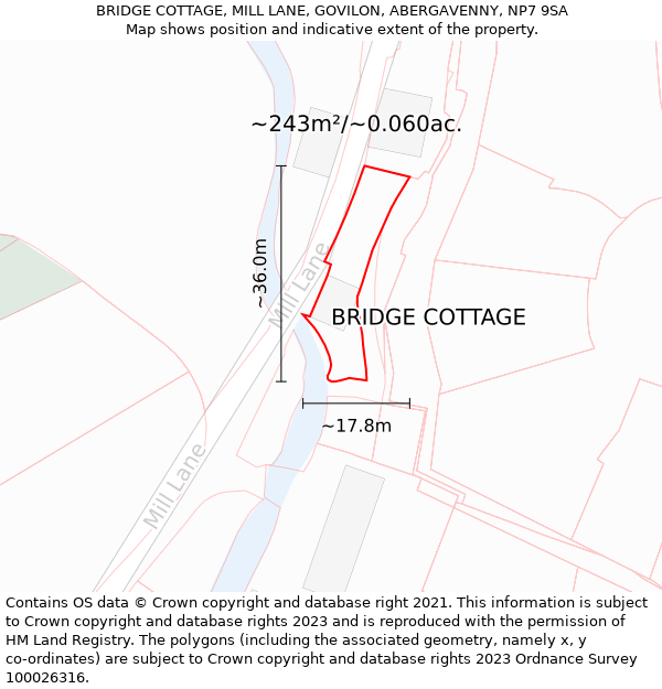 BRIDGE COTTAGE, MILL LANE, GOVILON, ABERGAVENNY, NP7 9SA: Plot and title map