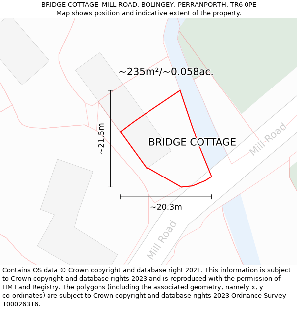 BRIDGE COTTAGE, MILL ROAD, BOLINGEY, PERRANPORTH, TR6 0PE: Plot and title map