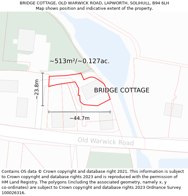 BRIDGE COTTAGE, OLD WARWICK ROAD, LAPWORTH, SOLIHULL, B94 6LH: Plot and title map