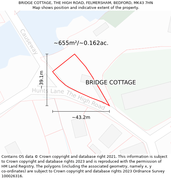BRIDGE COTTAGE, THE HIGH ROAD, FELMERSHAM, BEDFORD, MK43 7HN: Plot and title map