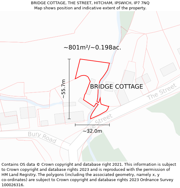 BRIDGE COTTAGE, THE STREET, HITCHAM, IPSWICH, IP7 7NQ: Plot and title map