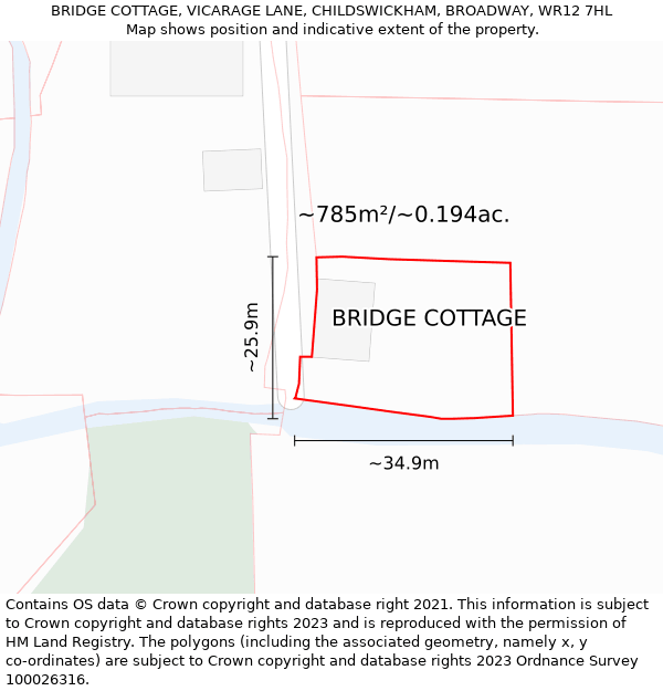 BRIDGE COTTAGE, VICARAGE LANE, CHILDSWICKHAM, BROADWAY, WR12 7HL: Plot and title map