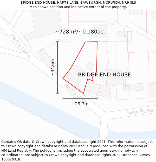 BRIDGE END HOUSE, HARTS LANE, BAWBURGH, NORWICH, NR9 3LS: Plot and title map