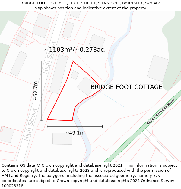 BRIDGE FOOT COTTAGE, HIGH STREET, SILKSTONE, BARNSLEY, S75 4LZ: Plot and title map