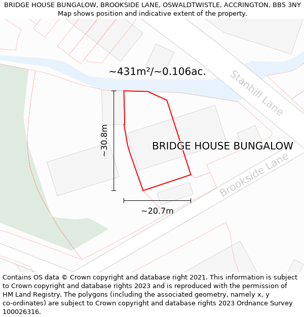 BRIDGE HOUSE BUNGALOW, BROOKSIDE LANE, OSWALDTWISTLE, ACCRINGTON, BB5 3NY: Plot and title map