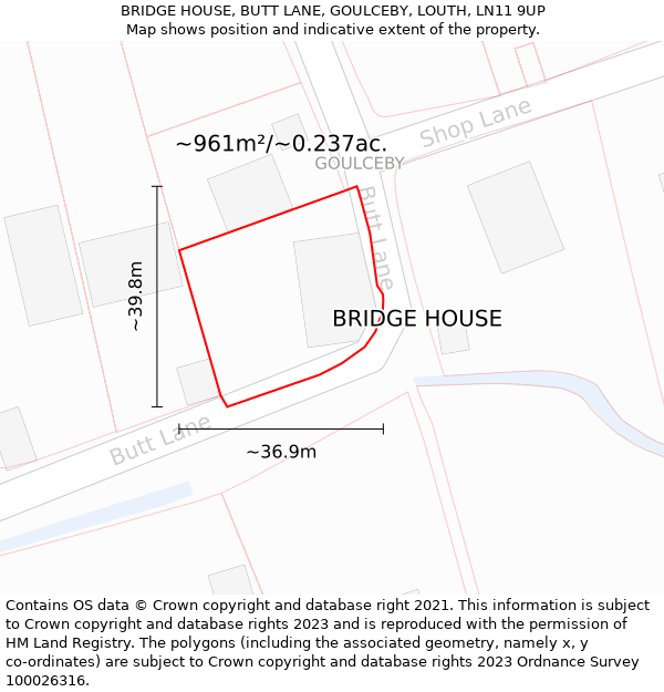 BRIDGE HOUSE, BUTT LANE, GOULCEBY, LOUTH, LN11 9UP: Plot and title map