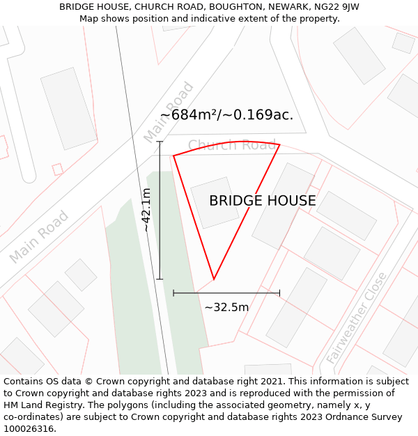 BRIDGE HOUSE, CHURCH ROAD, BOUGHTON, NEWARK, NG22 9JW: Plot and title map