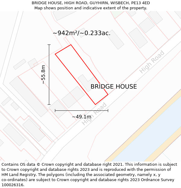 BRIDGE HOUSE, HIGH ROAD, GUYHIRN, WISBECH, PE13 4ED: Plot and title map