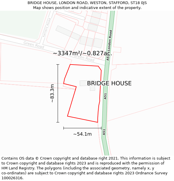 BRIDGE HOUSE, LONDON ROAD, WESTON, STAFFORD, ST18 0JS: Plot and title map