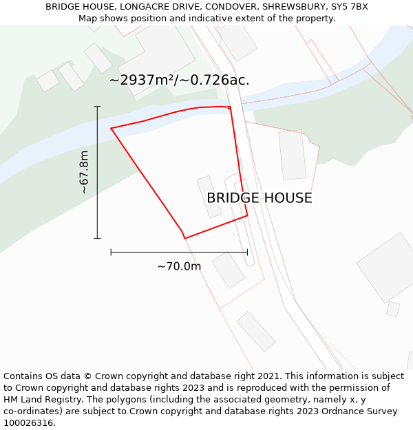 BRIDGE HOUSE, LONGACRE DRIVE, CONDOVER, SHREWSBURY, SY5 7BX: Plot and title map