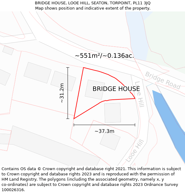 BRIDGE HOUSE, LOOE HILL, SEATON, TORPOINT, PL11 3JQ: Plot and title map