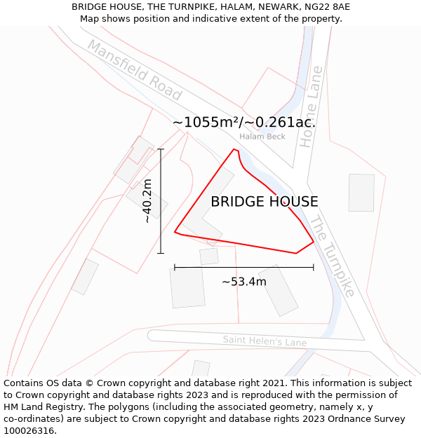 BRIDGE HOUSE, THE TURNPIKE, HALAM, NEWARK, NG22 8AE: Plot and title map