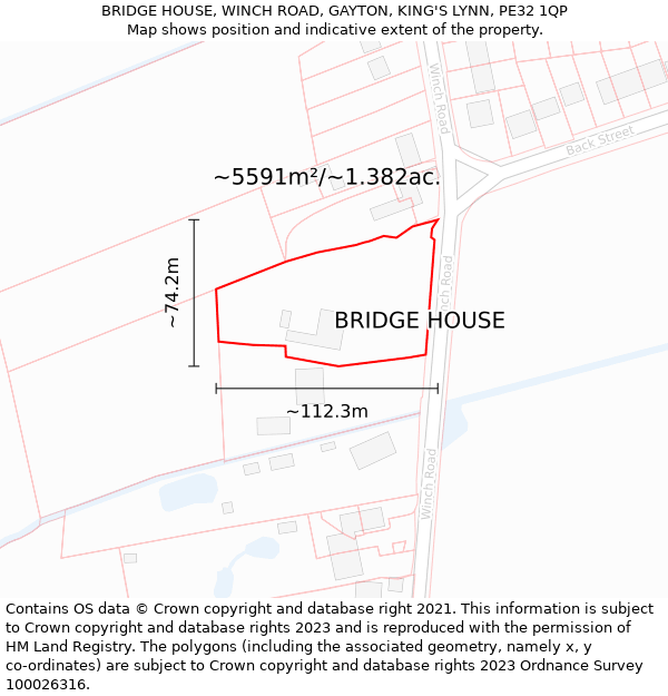 BRIDGE HOUSE, WINCH ROAD, GAYTON, KING'S LYNN, PE32 1QP: Plot and title map