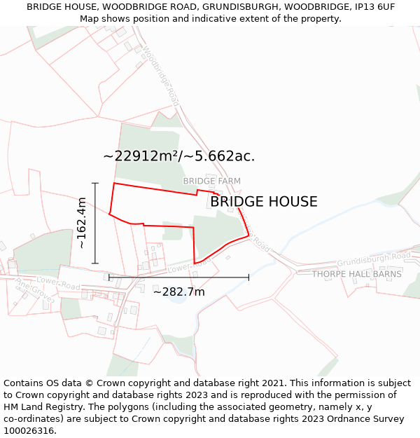 BRIDGE HOUSE, WOODBRIDGE ROAD, GRUNDISBURGH, WOODBRIDGE, IP13 6UF: Plot and title map