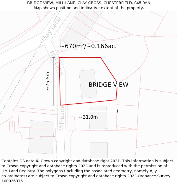 BRIDGE VIEW, MILL LANE, CLAY CROSS, CHESTERFIELD, S45 9AN: Plot and title map