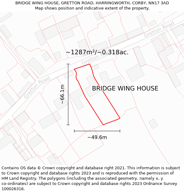 BRIDGE WING HOUSE, GRETTON ROAD, HARRINGWORTH, CORBY, NN17 3AD: Plot and title map