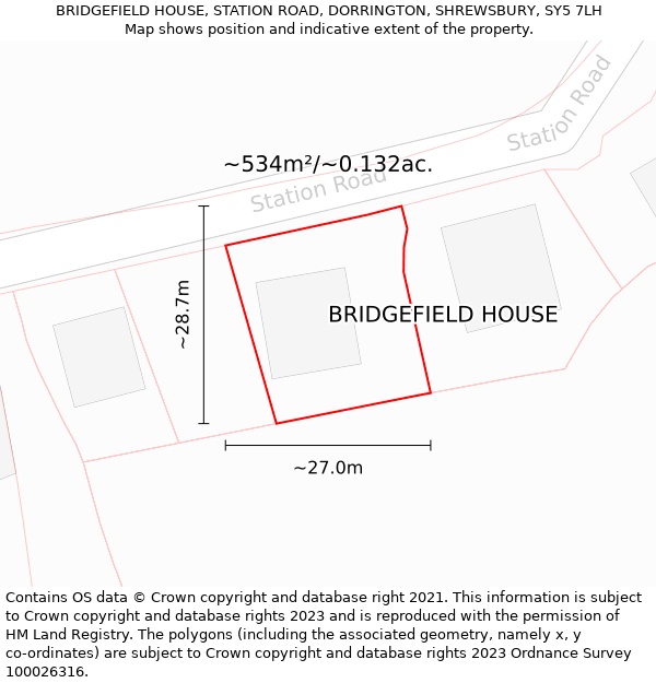 BRIDGEFIELD HOUSE, STATION ROAD, DORRINGTON, SHREWSBURY, SY5 7LH: Plot and title map
