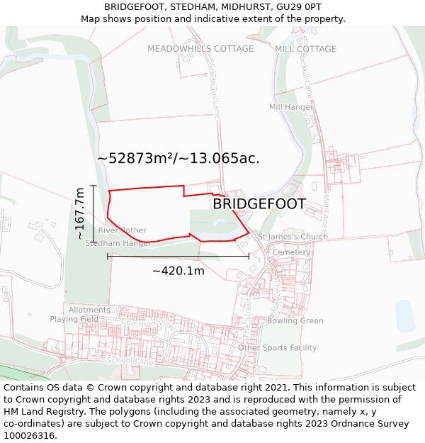 BRIDGEFOOT, STEDHAM, MIDHURST, GU29 0PT: Plot and title map