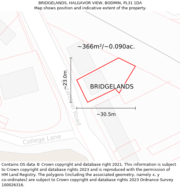 BRIDGELANDS, HALGAVOR VIEW, BODMIN, PL31 1DA: Plot and title map