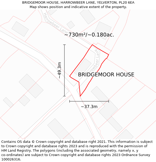 BRIDGEMOOR HOUSE, HARROWBEER LANE, YELVERTON, PL20 6EA: Plot and title map