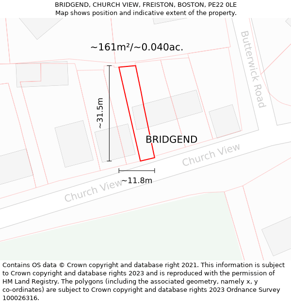 BRIDGEND, CHURCH VIEW, FREISTON, BOSTON, PE22 0LE: Plot and title map