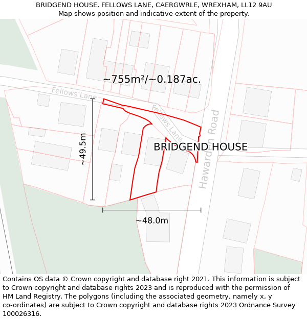 BRIDGEND HOUSE, FELLOWS LANE, CAERGWRLE, WREXHAM, LL12 9AU: Plot and title map