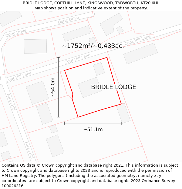 BRIDLE LODGE, COPTHILL LANE, KINGSWOOD, TADWORTH, KT20 6HL: Plot and title map