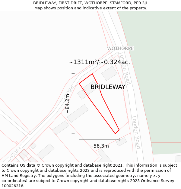 BRIDLEWAY, FIRST DRIFT, WOTHORPE, STAMFORD, PE9 3JL: Plot and title map