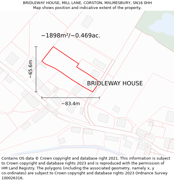 BRIDLEWAY HOUSE, MILL LANE, CORSTON, MALMESBURY, SN16 0HH: Plot and title map