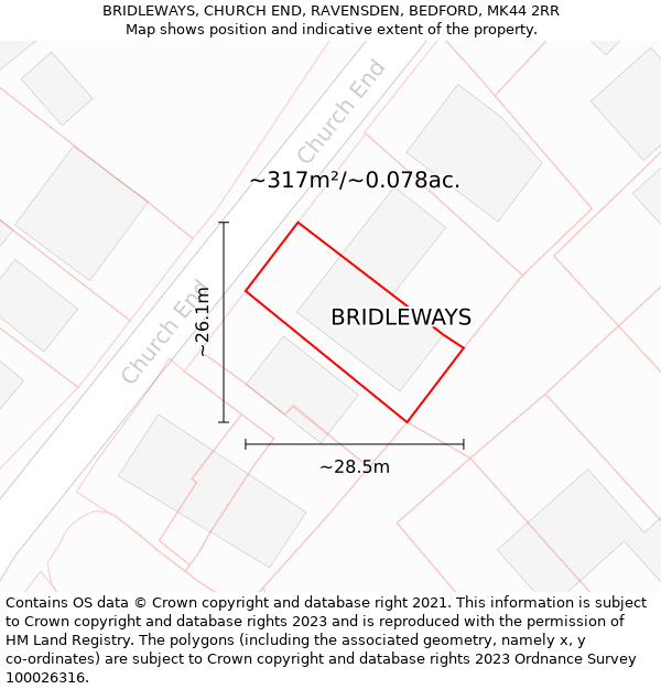 BRIDLEWAYS, CHURCH END, RAVENSDEN, BEDFORD, MK44 2RR: Plot and title map